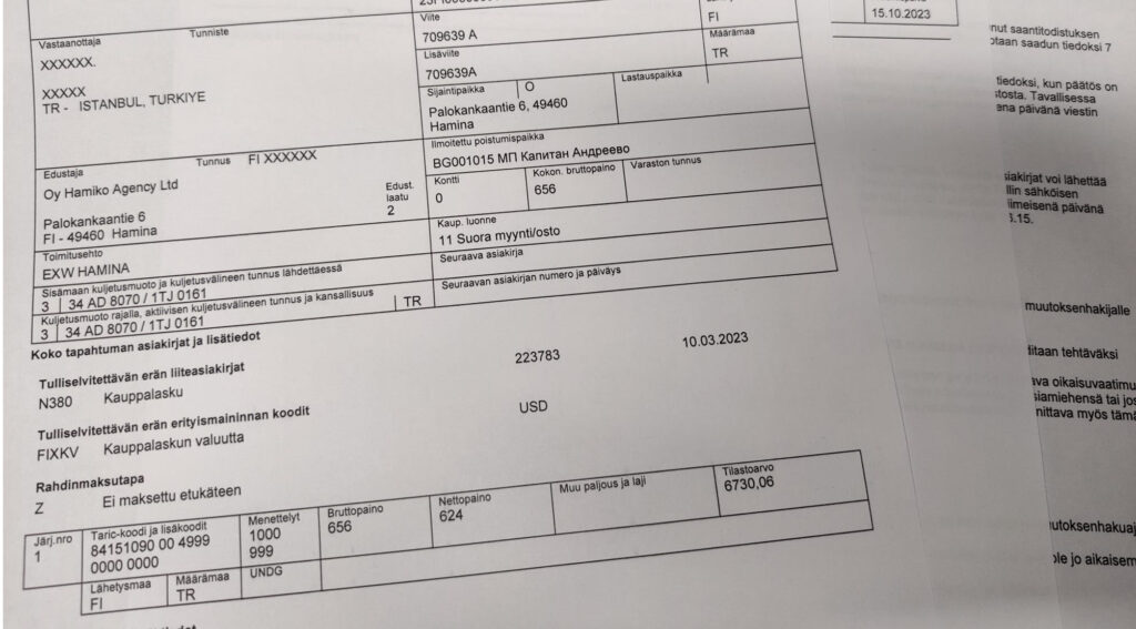 export import clearance document example Finland