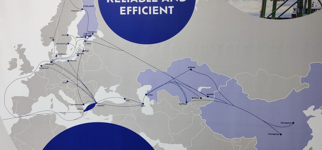 Map of transport routes of cargo transportation connecting Finland and Central Asia, Kazakhstan used at TransKazakhstan transport and logistics exhibition in Astana