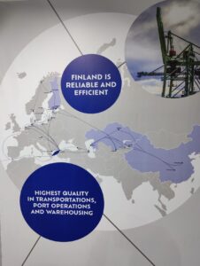 Map of transport routes of cargo transportation connecting Finland and Central Asia, Kazakhstan used at TransKazakhstan transport and logistics exhibition in Astana