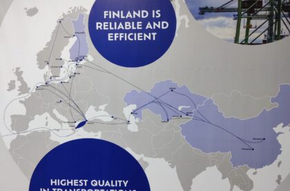 Map of transport routes of cargo transportation connecting Finland and Central Asia, Kazakhstan used at TransKazakhstan transport and logistics exhibition in Astana