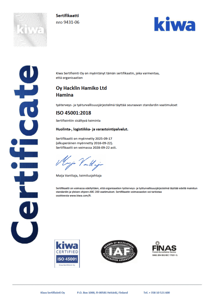 ISO 45001-2018 laatusertifikaatti Hacklin Hamiko - huolinta-, logistiikka- ja varastointipalvelut