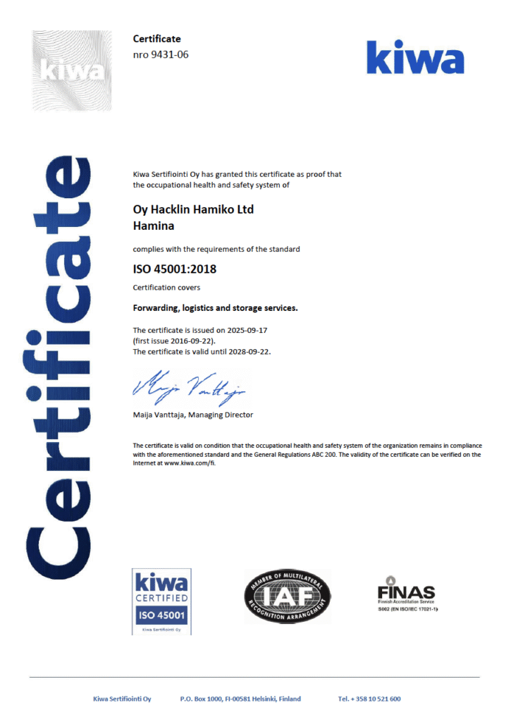 ISO 45001-2018 quality certificate Hacklin Hamiko - forwarding, logistics and storage services 9431-06en