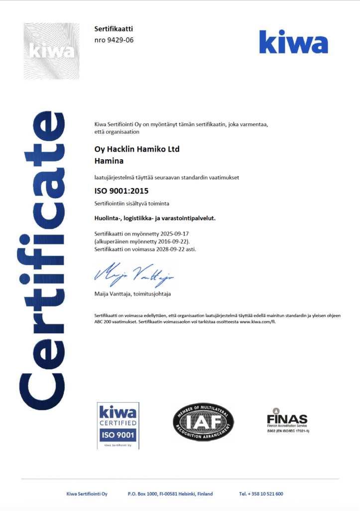 ISO 9001-2015 laatusertifikaatti Hacklin Hamiko - huolinta-, logistiikka- ja varastointipalvelut 9429-06fi